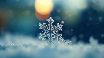A macro photo of beautiful detailed cristal snowflake on the bokeh background. Christmas and Winter background. Natural snowdrift close up shot with abstract warm lighting blurred background