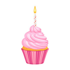 Pink birthday cupcake with candle isolated on white background. Vector cartoon illustration of festive pastry.