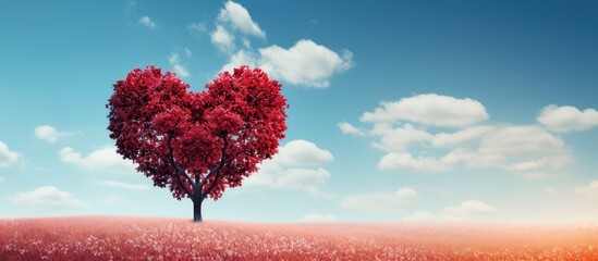 Red tree in meadow with heart shape against blue sky