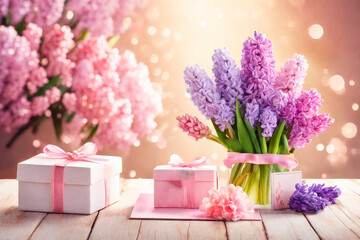 Mother's Day or Women's Day greeting card with bouquet of Hyacinths and gifts box on wooden table.