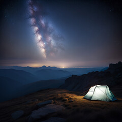 Tent in the mountains during a beautiful night full of stars