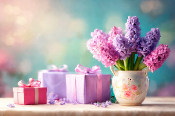 Mother's Day or Women's Day greeting card. Bouquet of Hyacinths and gifts box on wooden table.