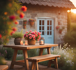 Fototapeta na wymiar A wooden table in the garden. A vase full of flowers and candles on a wooden garden table in a summer garden at sunset.