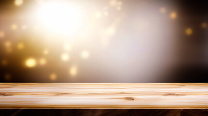 simplistic yet bright bokeh product presentation background with light wooden surface