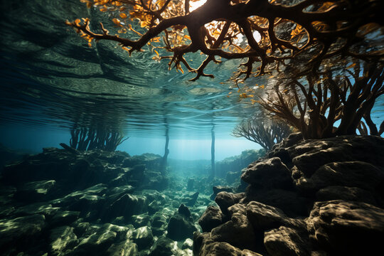 Caribbean mangroves, roots embraced by sea sponges