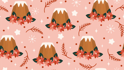 hand drawn Pandoro traditional italian Christmas cake seamless vector pattern background illustration with poinsettia flowers, stars, fir branches and red dots