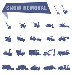 Snow removal machines from simple to complex. Snow removal. Vector illustration, symbols of industrial cleaning.