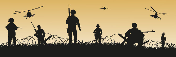 The military is moving forward. Silhouette of soldiers with weapons at the end of the battle. - obrazy, fototapety, plakaty