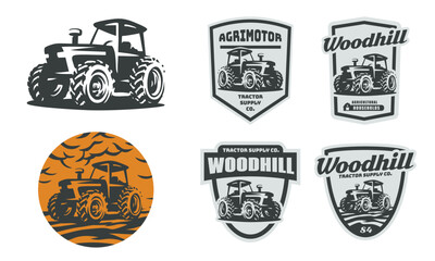 Set of farm logo, emblems, and badges. Simple line tractor illustration for rental, repair business. - obrazy, fototapety, plakaty