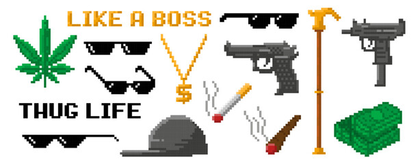 Pixel art gangsta rap accessories. Hip hop rapper pixelated sunglasses, cool gold chain, cigarette and black cap. Thug life vector icons