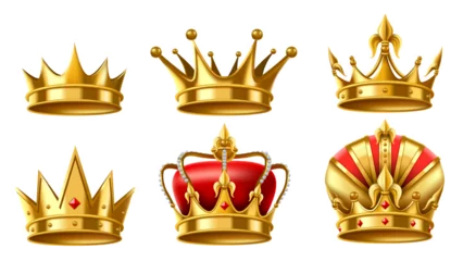 Fotobehang Realistic 3D royal crown. Golden kingdom jewels for king and queen, gold trophy crowns vector illustration set © WinWin