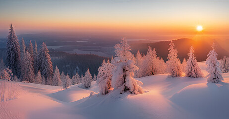 Snowy winter sunset landscape.
