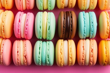 Close-up of colorful macarons arranged neatly on a pastel background.