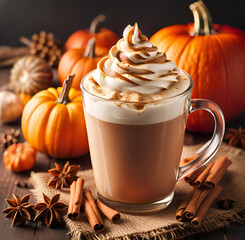 Close-up of pumpkin spice latte with with cinnamon and anise stars.