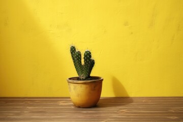 Small cactus on a rustic table against yellow walls