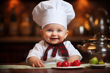 Cheerful little chef wearing a culinary cap