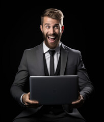 Extremely happy businessman on a laptop.