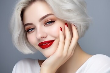 Beautiful young model with red lips - obrazy, fototapety, plakaty
