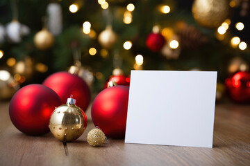Naklejka na ściany i meble Congratulations card - white sheet and Christmas tree decorations