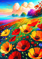 Fototapeta na wymiar Summer meadow full of wild poppies oil painting on canvas, artistic vision of wild field poppies, summer flowers background.