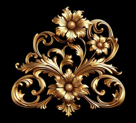 Gold flowers isolated on black, abstract floral background with metal golden flowers ornaments. - obrazy, fototapety, plakaty