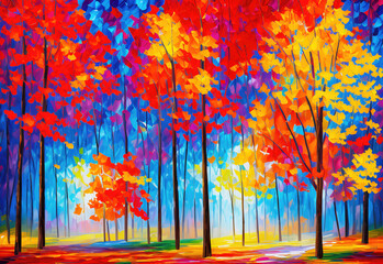 An autumn trees with orange yellow leaves, beautiful autumn landscape, oil painting  on canvas.