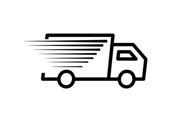 Fast moving shipping delivery truck icon. Line art icon. Icon for Transportation apps and websites. Vector illustration. Isolated on transparent background