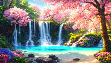 A beautiful paradise land full of flowers,  sakura trees, rivers and waterfalls, a blooming and magical idyllic Eden garden