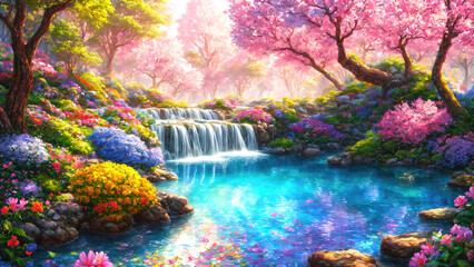 A beautiful paradise land full of flowers,  sakura trees, rivers and waterfalls, a blooming and magical idyllic Eden garden - obrazy, fototapety, plakaty