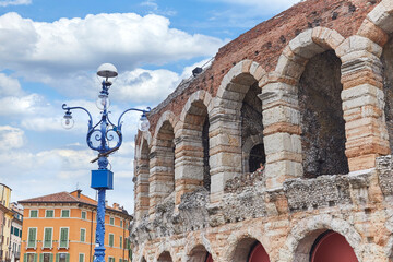 View of the Roman amphitheater in Verona at the Piazza Bra in the province of Veneto, Italy.