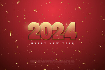 2024 new year celebration with transparent red numbers. design premium vector.