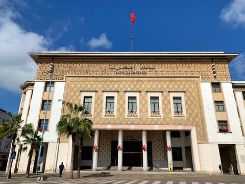 Street view of Bank Al-Maghrib building , Moorish Art Deco building of the Bank al Maghrib in Casablanca. The central bank of the Kingdom of Morocco "Banque d'Etat du Maroc" on avenue Hassan 2