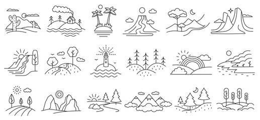 Line art landscapes. Nature terrain, traveling and hiking locations outline vector set with editable stroke paths - obrazy, fototapety, plakaty