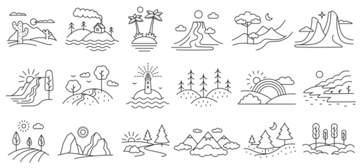 Fotobehang Line art landscapes. Nature terrain, traveling and hiking locations outline vector set with editable stroke paths © WinWin
