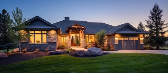 Luxurious ranch style home exterior in twilight