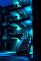 Ground-level outdoor vaporwave color photograph of a building façade with a geometric pattern of multiple stairs and balconies shown in blue and cyan under neon light. From the series “Cosmic Living.”