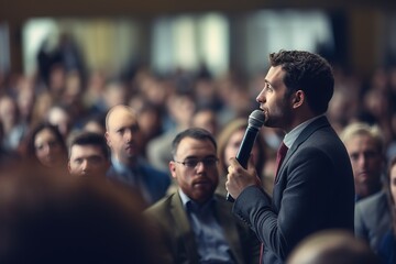 speaker in front of a crowd talking into a microphone - obrazy, fototapety, plakaty