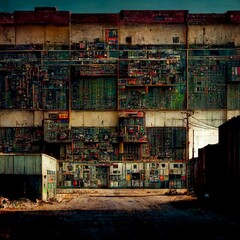 Outdoor science fiction color illustration of the façade of a huge derelict warehouse with exposed rusted electrical components and wiring. From the series “Terminal Beach."