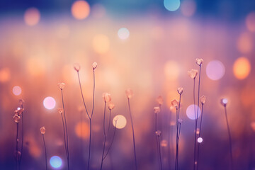 colorful bokeh sparkles with delicate flowers on stems abstract background 