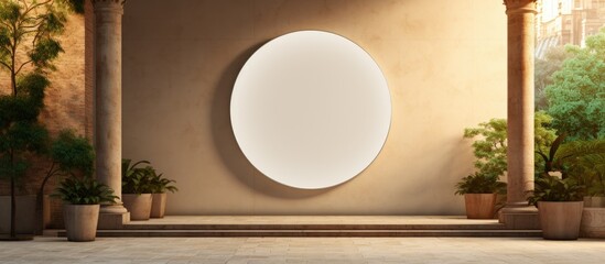 Empty round light sign box mounted on beige concrete wall outdoor Side view Mockup blank copy space LED advertising board 3D rendering