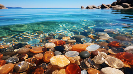 Glistening Pebbles in a Kaleidoscope of Colors Adorning the Shoreline, A Serene Symphony of Nature's Beauty in the Water's Embrace