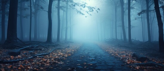 Hazy pathway through a chilly autumn day Distant blue fog