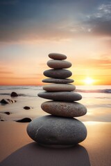 Fototapeta na wymiar Pyramids of gray zen pebble meditation stones sea or ocean sand beach sunset or sunrise background. Concept of harmony, balance and meditation, spa, massage, relax.
