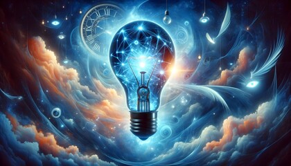 The image is a mesmerizing digital painting of a lightbulb against a cosmic backdrop, with glowing filaments, surrounded by celestial elements like clock faces, eyes, and orbs, blending concepts of ti - obrazy, fototapety, plakaty