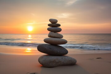 Pyramids of gray zen pebble meditation stones sea or ocean sand beach sunset or sunrise background. Concept of harmony, balance and meditation, spa, massage, relax.