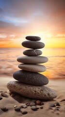 Fototapeta na wymiar Pyramids of gray zen pebble meditation stones sea or ocean sand beach sunset or sunrise background. Concept of harmony, balance and meditation, spa, massage, relax.
