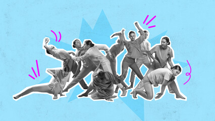 Group of young people, dancers performing contemp, modern style dance over blue background. Contemporary art collage.