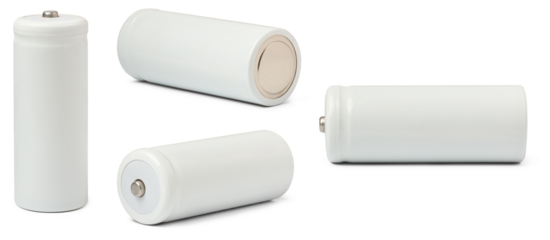 rechargeable li-ion batteries, 26650 type batteries used in high-drain applications like electric vehicles, powers tools high-powered flashlights, different angles and isolated on white background