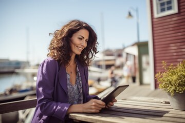 Obraz premium woman working with laptop on the embankment 