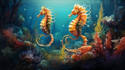 Fototapeta na wymiar Graceful seahorses swimming in a tranquil underwater grotto, their tails wrapped around swaying seaweed, with shafts of sunlight illuminating the scene in a mesmerizing dance of colors.